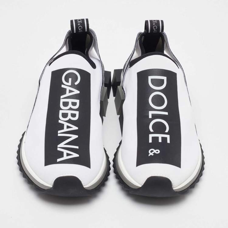 Pre Owned Dolce & Gabbana White/Black Knit Fabric Sorrento Slip On Sneakers Size 38