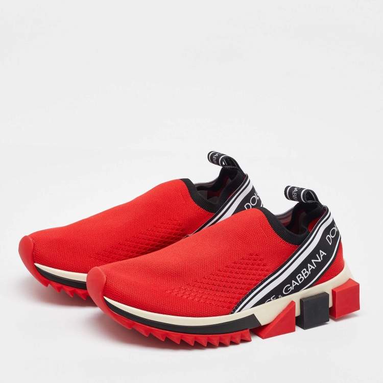 Pre Owned Dolce & Gabbana Red Knit Fabric Sorrento Slip On Sneakers Size 36.5