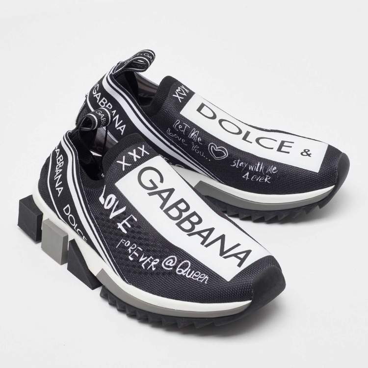 Pre Owned Dolce & Gabbana White/Black Knit Fabric Sorrento Slip On Sneakers Size 36.5