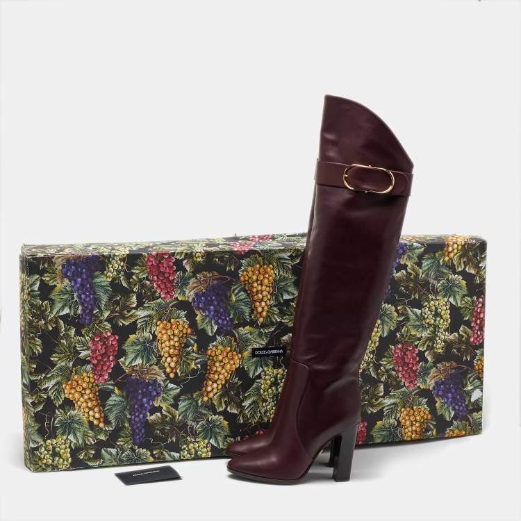 Pre Owned Dolce & Gabbana Burgundy Leather Buckle Detail Thigh High Boots Size 36.5