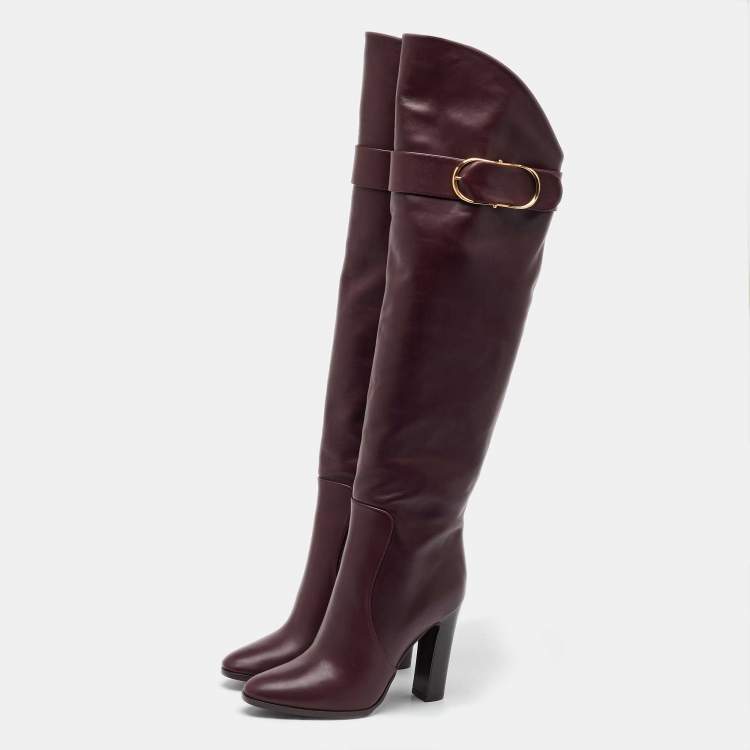 Pre Owned Dolce & Gabbana Burgundy Leather Buckle Detail Thigh High Boots Size 36.5