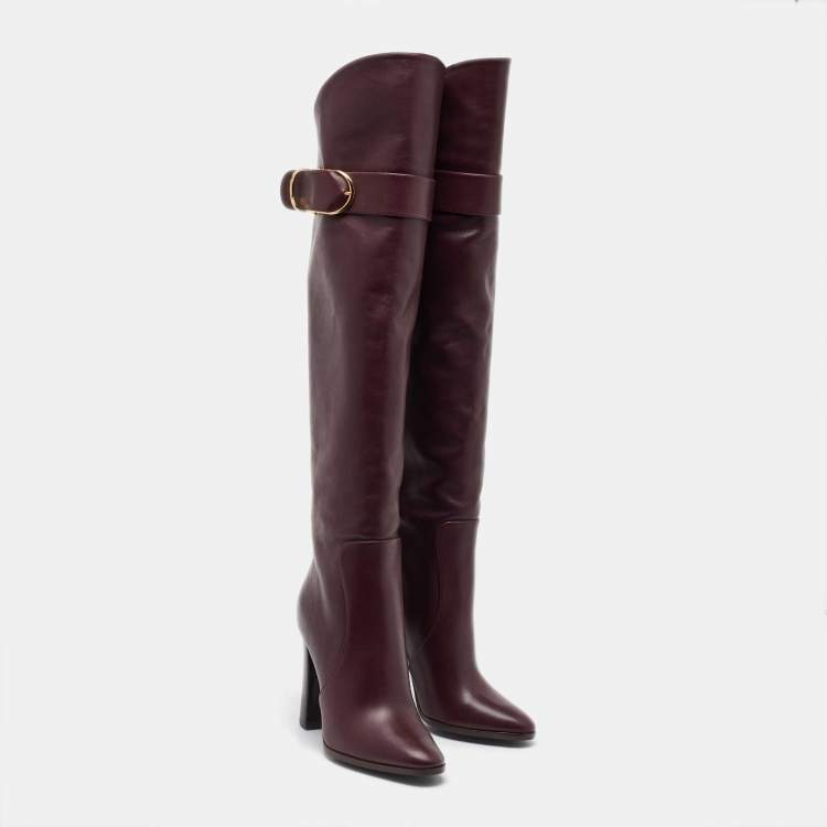 Pre Owned Dolce & Gabbana Burgundy Leather Buckle Detail Thigh High Boots Size 36.5