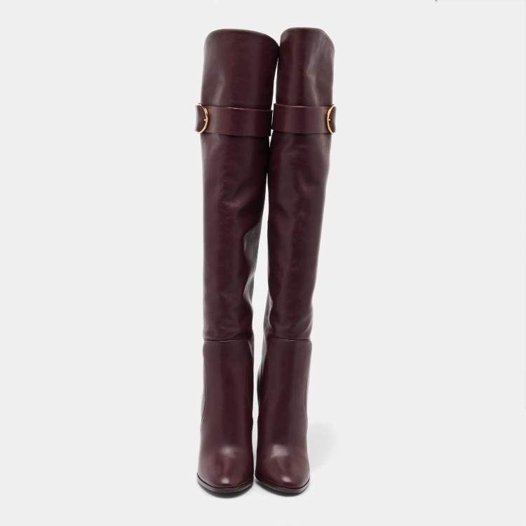 Pre Owned Dolce & Gabbana Burgundy Leather Buckle Detail Thigh High Boots Size 36.5