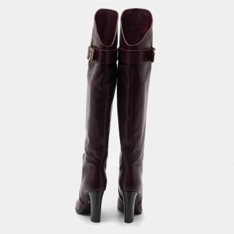 Pre Owned Dolce & Gabbana Burgundy Leather Buckle Detail Thigh High Boots Size 36.5