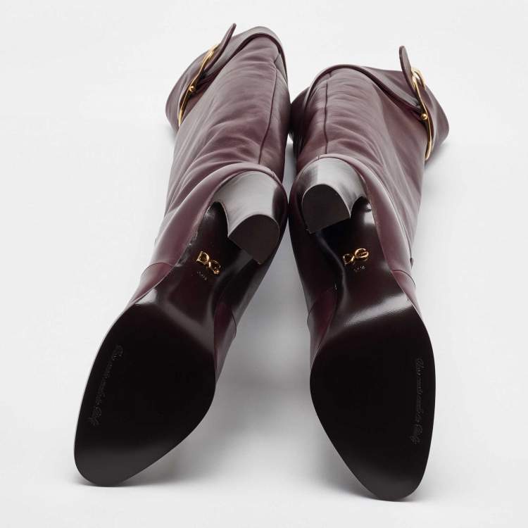 Pre Owned Dolce & Gabbana Burgundy Leather Buckle Detail Thigh High Boots Size 36.5
