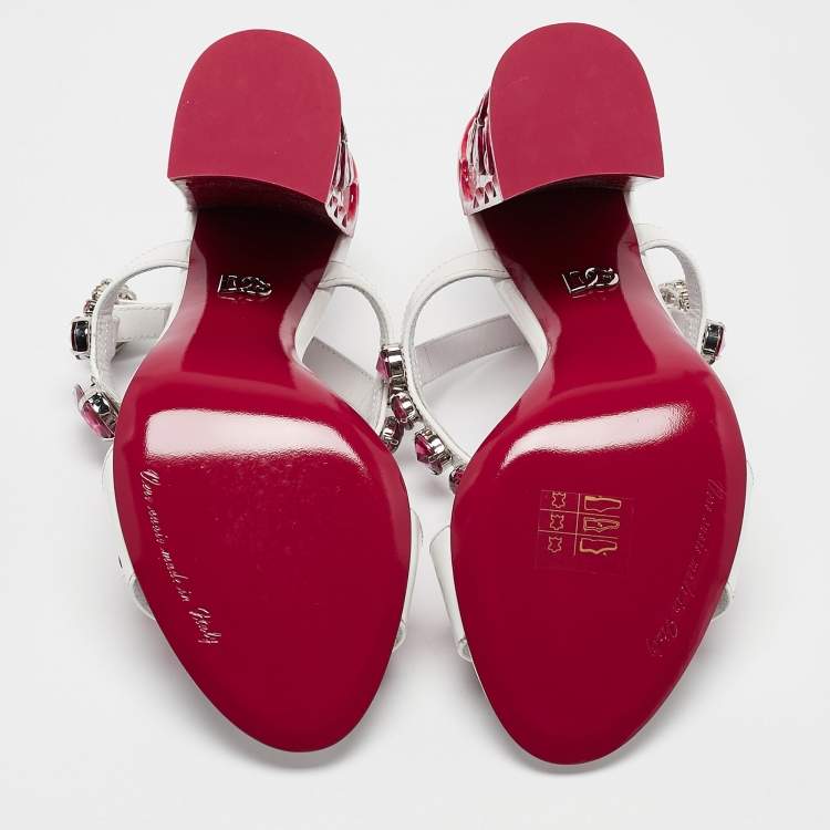 Pre Owned Dolce & Gabbana White Patent Leather Crystal Embellished Keira Ankle Strap Sandals Size 39