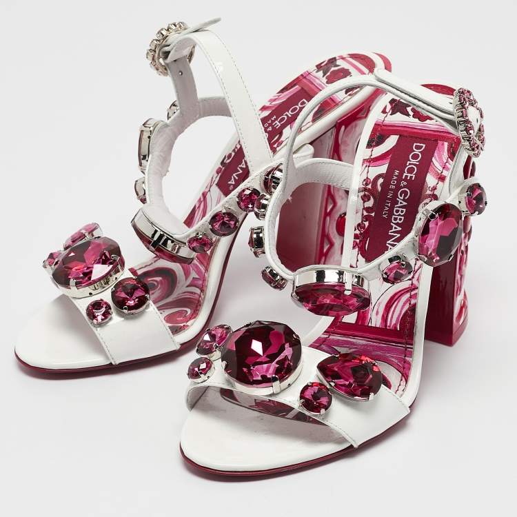 Pre Owned Dolce & Gabbana White Patent Leather Crystal Embellished Keira Ankle Strap Sandals Size 39