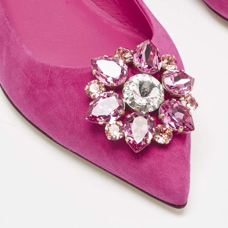 Pre Owned Dolce & Gabbana Pink Suede Crystal Embellished Bellucci Ballet Flats Size 37