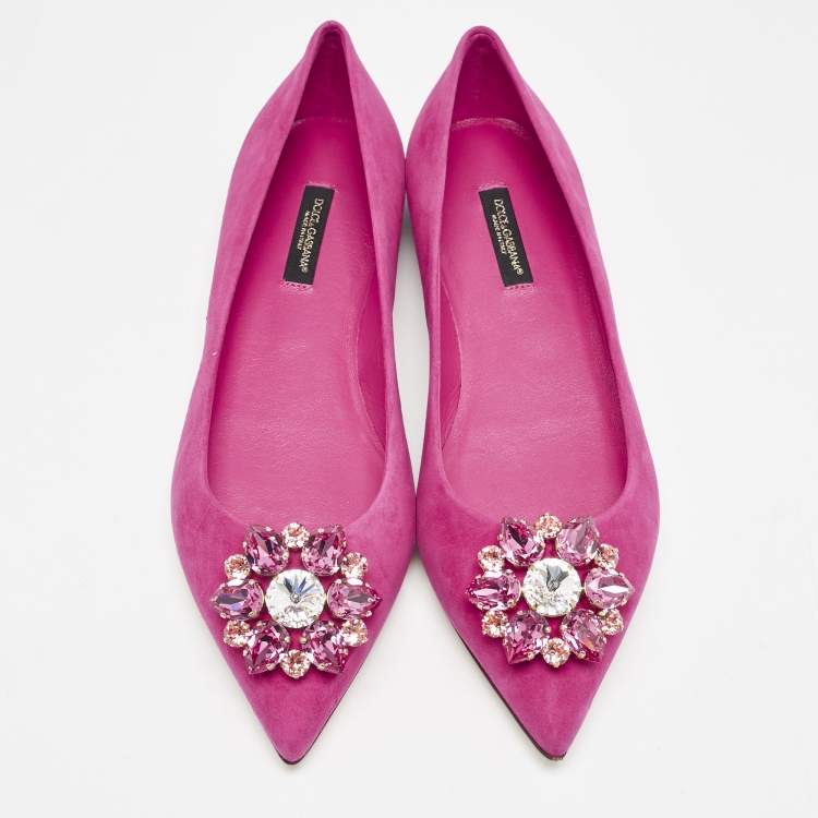 Pre Owned Dolce & Gabbana Pink Suede Crystal Embellished Bellucci Ballet Flats Size 37