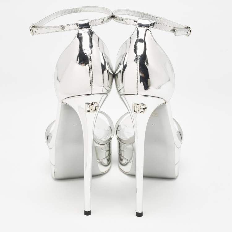 Pre Owned Dolce & Gabbana Silver Leather Double Platform Sandals Size 41