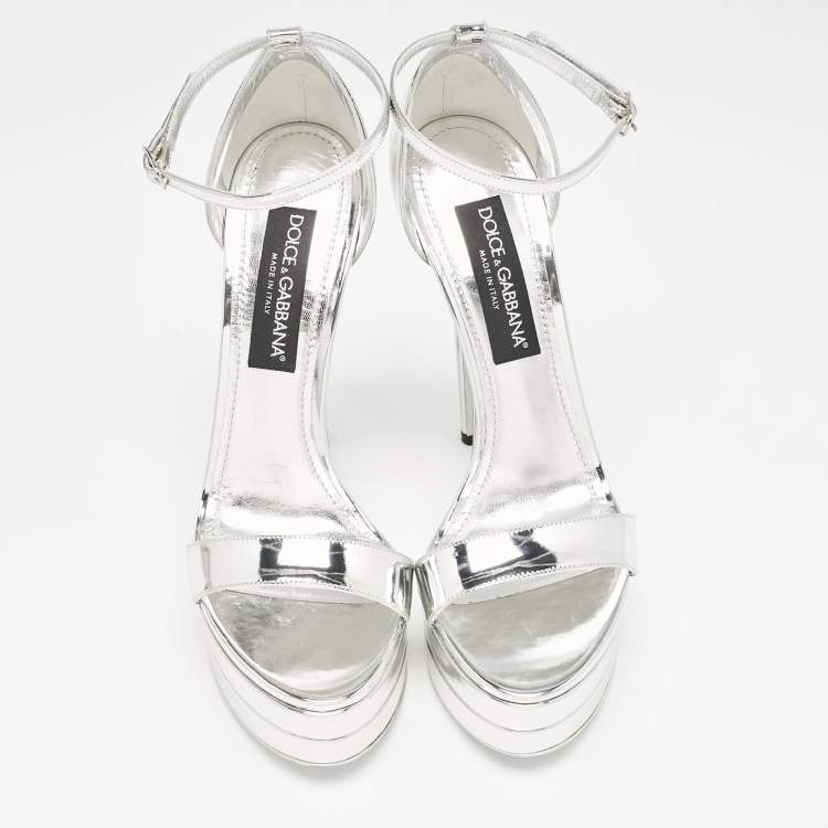 Pre Owned Dolce & Gabbana Silver Leather Double Platform Sandals Size 41