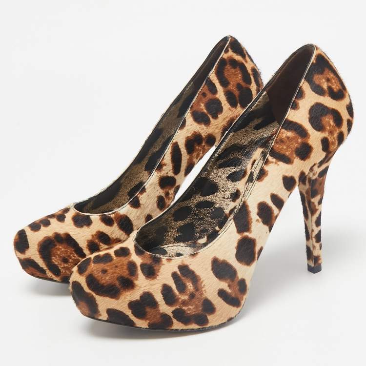 Pre Owned Dolce & Gabbana Brown Leopard Print Calf Hair Platform Pumps Size 37