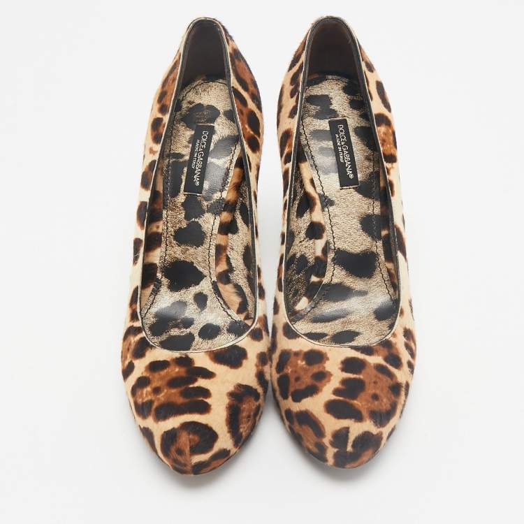 Pre Owned Dolce & Gabbana Brown Leopard Print Calf Hair Platform Pumps Size 37