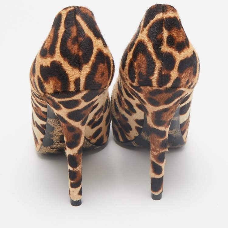 Pre Owned Dolce & Gabbana Brown Leopard Print Calf Hair Platform Pumps Size 37