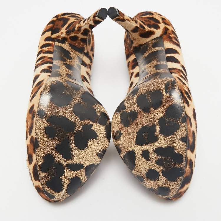 Pre Owned Dolce & Gabbana Brown Leopard Print Calf Hair Platform Pumps Size 37