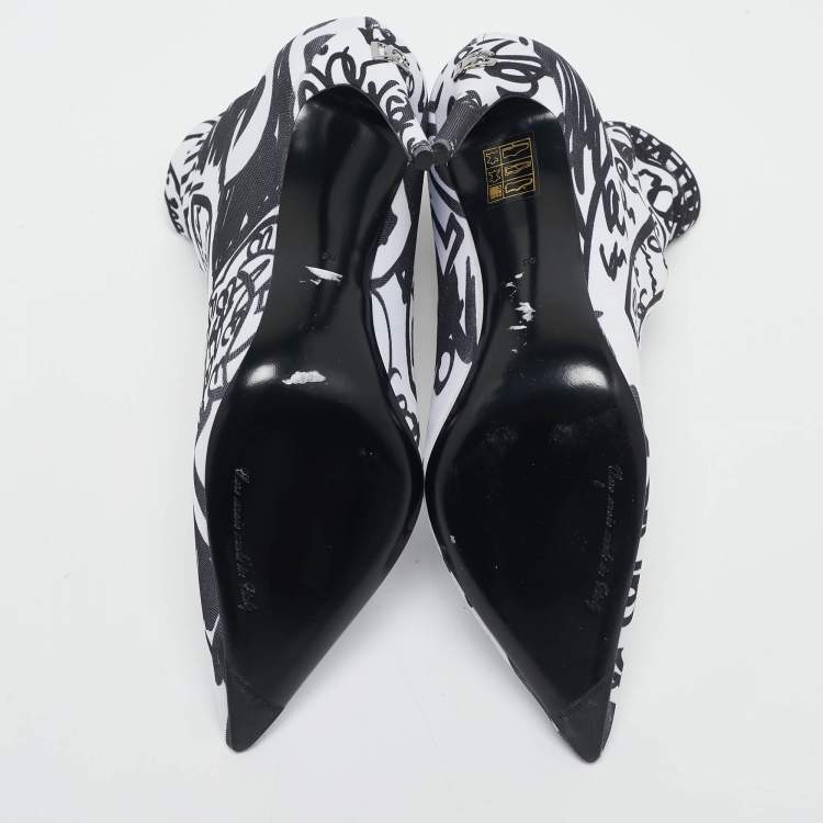 Pre Owned Dolce & Gabbana Black/White Knit Fabric Graffiti Sock Boots Size 36