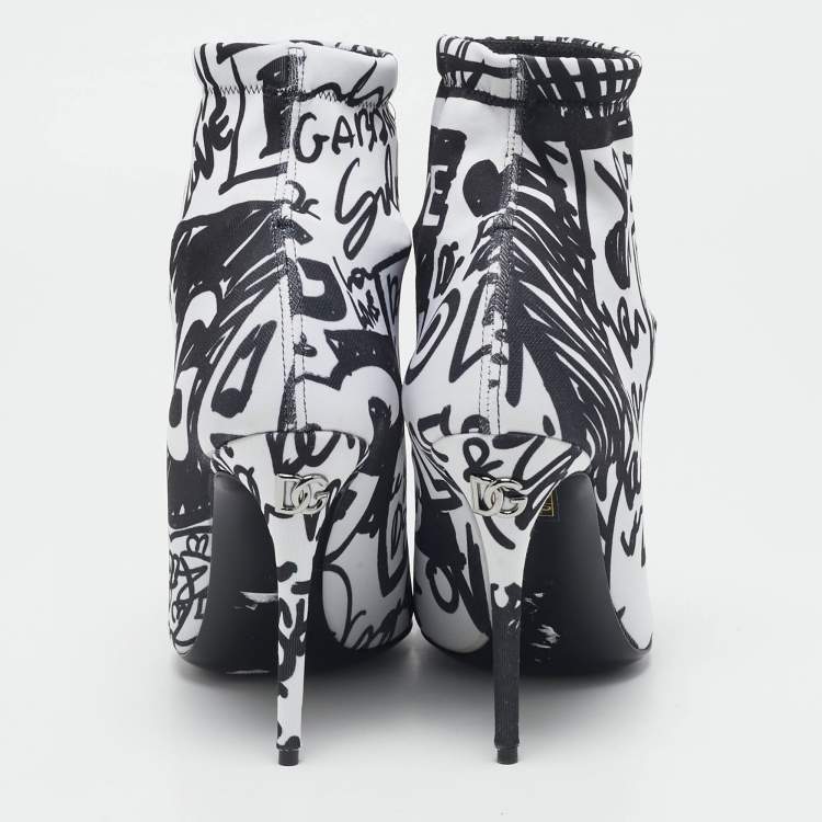 Pre Owned Dolce & Gabbana Black/White Knit Fabric Graffiti Sock Boots Size 36