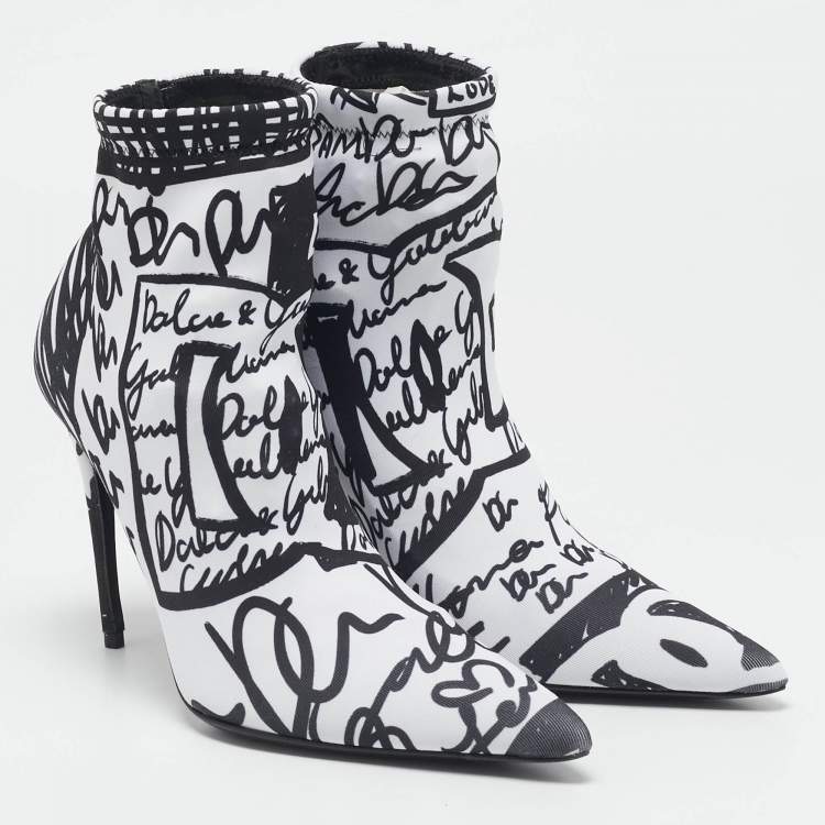 Pre Owned Dolce & Gabbana Black/White Knit Fabric Graffiti Sock Boots Size 36