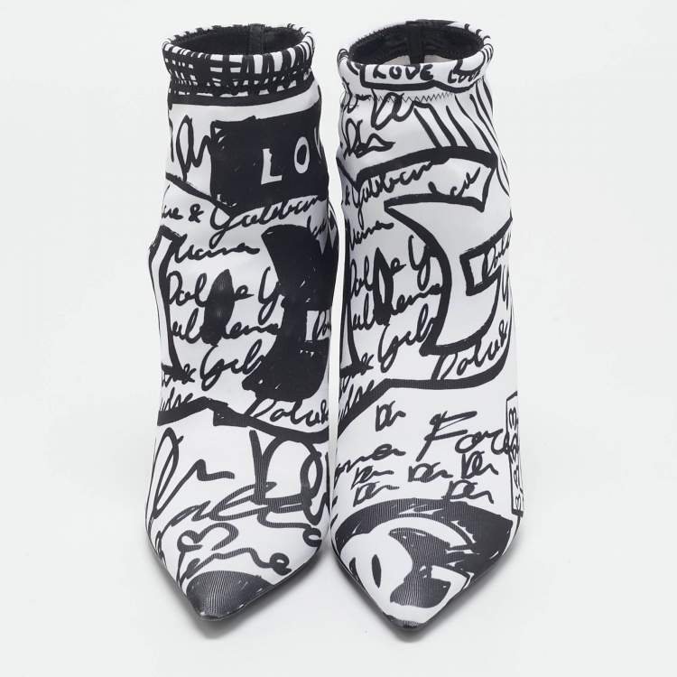 Pre Owned Dolce & Gabbana Black/White Knit Fabric Graffiti Sock Boots Size 36