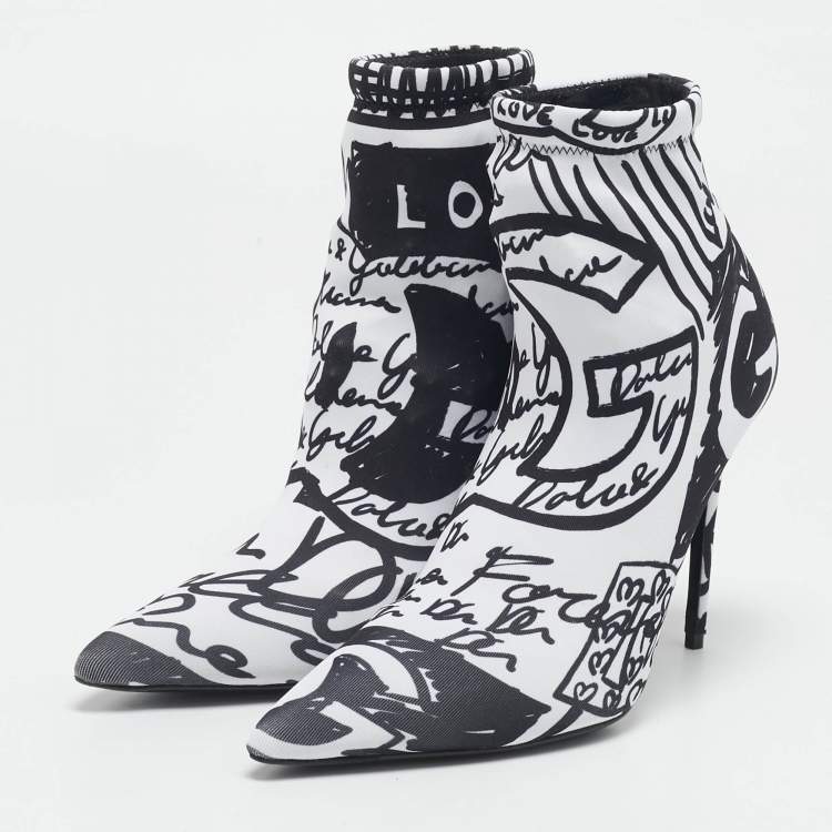 Pre Owned Dolce & Gabbana Black/White Knit Fabric Graffiti Sock Boots Size 36