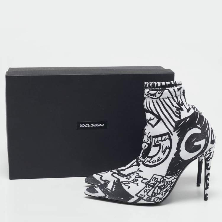 Pre Owned Dolce & Gabbana Black/White Knit Fabric Graffiti Sock Boots Size 36