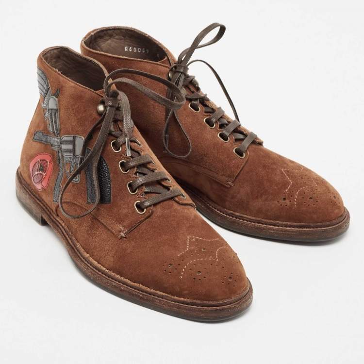 Pre Owned Dolce & Gabbana Brown Suede Embroidered Patch Ankle Boots Size 39 