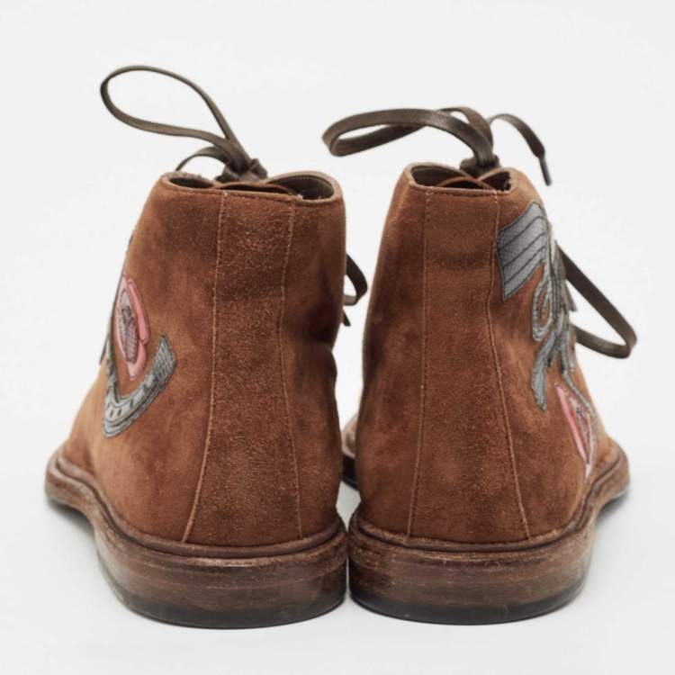 Pre Owned Dolce & Gabbana Brown Suede Embroidered Patch Ankle Boots Size 39 