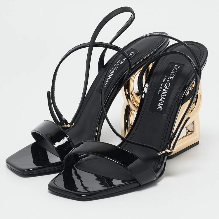 Pre Owned Dolce & Gabbana Black Patent Leather DG Logo Ankle Strap Sandals Size 40