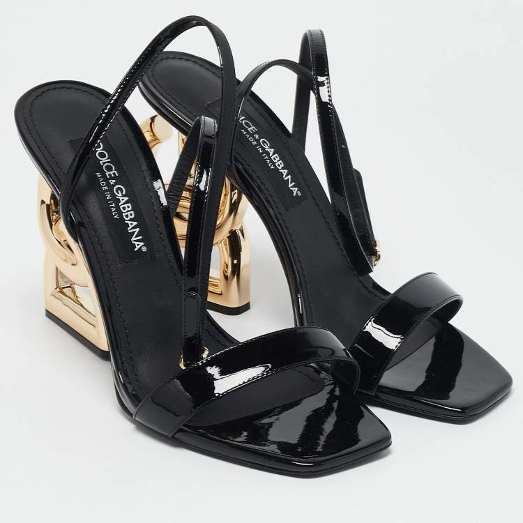 Pre Owned Dolce & Gabbana Black Patent Leather DG Logo Ankle Strap Sandals Size 40