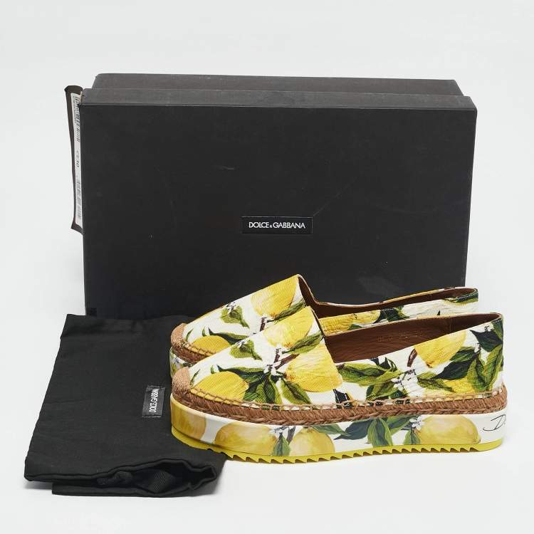 Pre Owned Dolce & Gabbana Yellow Lemon Print Fabric Platform Espadrille Flats Size 36