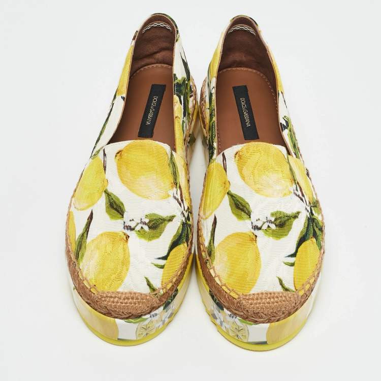 Pre Owned Dolce & Gabbana Yellow Lemon Print Fabric Platform Espadrille Flats Size 36