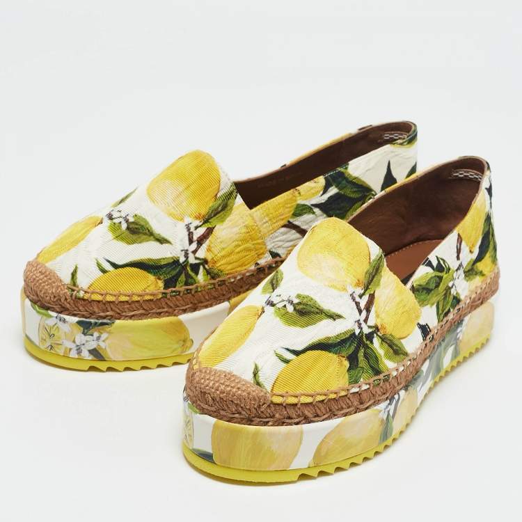 Pre Owned Dolce & Gabbana Yellow Lemon Print Fabric Platform Espadrille Flats Size 36
