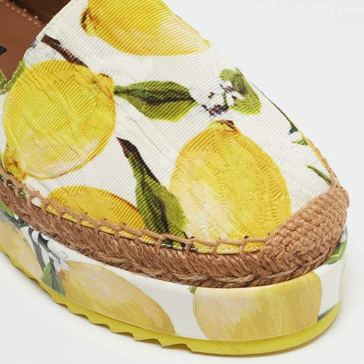 Pre Owned Dolce & Gabbana Yellow Lemon Print Fabric Platform Espadrille Flats Size 36