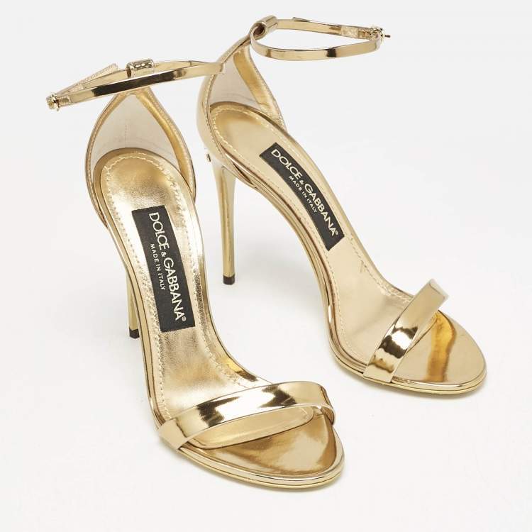 Pre Owned Dolce & Gabbana Gold Patent Leather Keira Ankle Strap Sandals Size 36