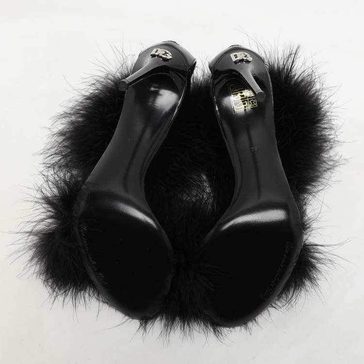 Pre Owned Dolce & Gabbana Black Patent Leather and Turkey Feather Ankle Strap Sandals Size 36