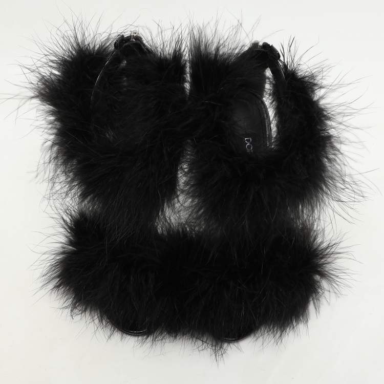 Pre Owned Dolce & Gabbana Black Patent Leather and Turkey Feather Ankle Strap Sandals Size 36