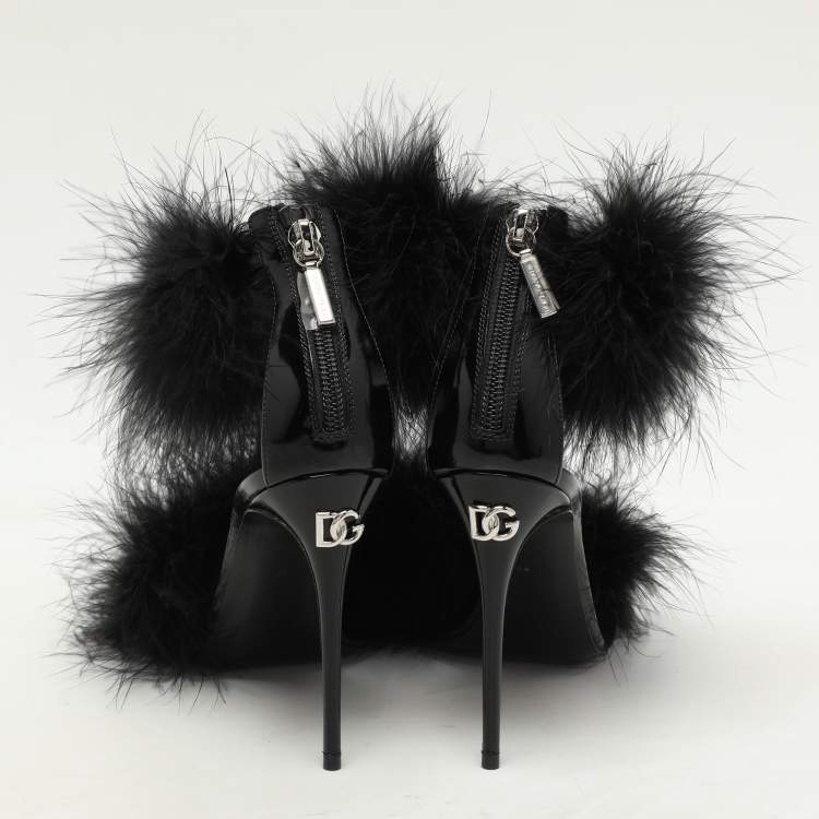 Pre Owned Dolce & Gabbana Black Patent Leather and Turkey Feather Ankle Strap Sandals Size 36