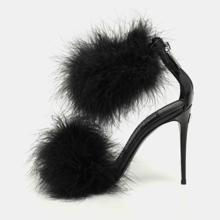 Pre Owned Dolce & Gabbana Black Patent Leather and Turkey Feather Ankle Strap Sandals Size 36