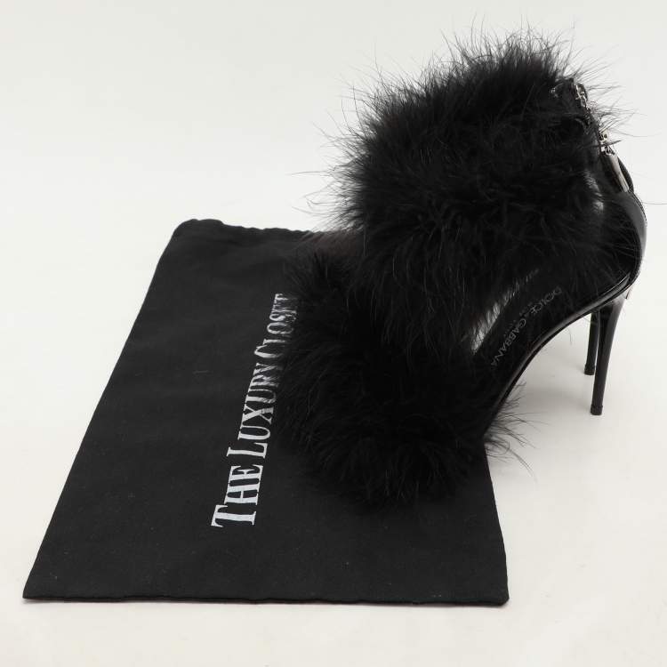 Pre Owned Dolce & Gabbana Black Patent Leather and Turkey Feather Ankle Strap Sandals Size 36