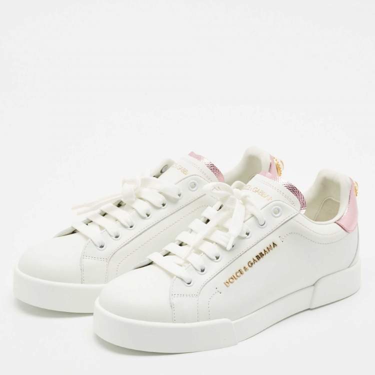 Pre Owned Dolce & Gabbana White/Pink Leather Portofino Low Top Sneakers Size 39