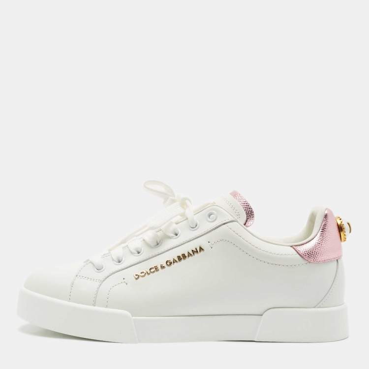 Pre Owned Dolce & Gabbana White/Pink Leather Portofino Low Top Sneakers Size 39
