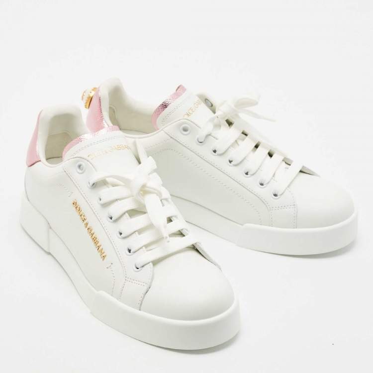 Pre Owned Dolce & Gabbana White/Pink Leather Portofino Low Top Sneakers Size 39