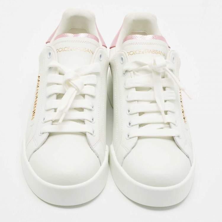 Pre Owned Dolce & Gabbana White/Pink Leather Portofino Low Top Sneakers Size 39