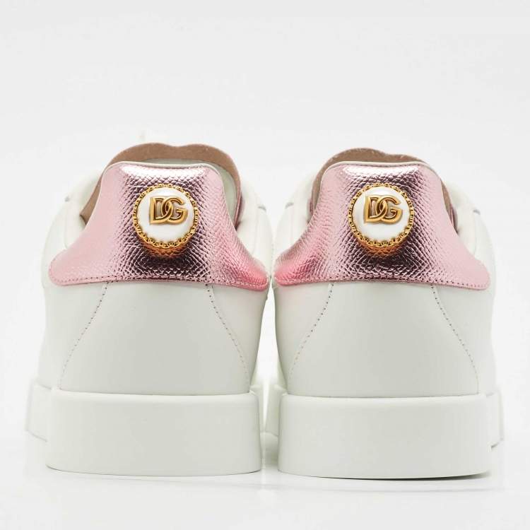 Pre Owned Dolce & Gabbana White/Pink Leather Portofino Low Top Sneakers Size 39