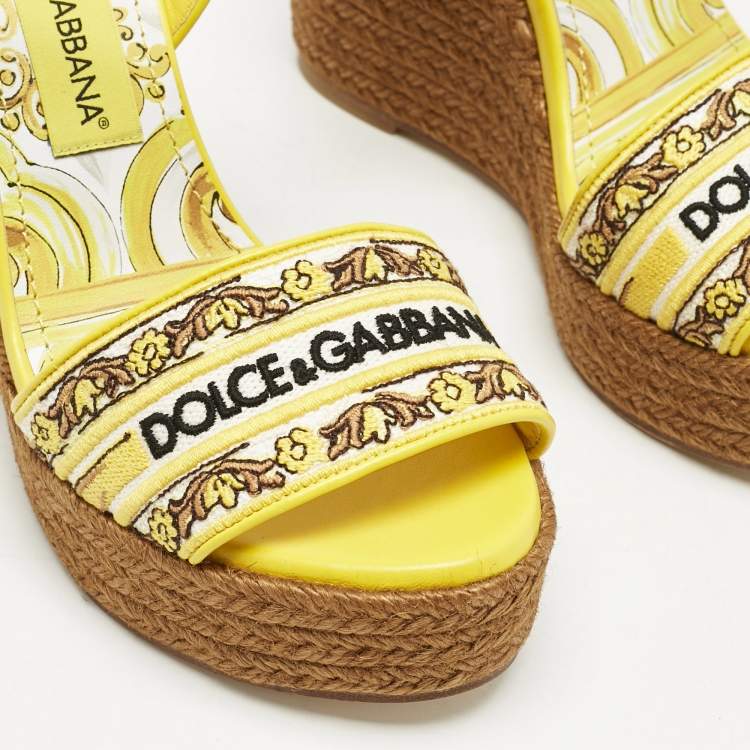 Pre Owned Dolce & Gabbana Yellow Embroidered Canvas Majolica Wedge Sandals Size 38