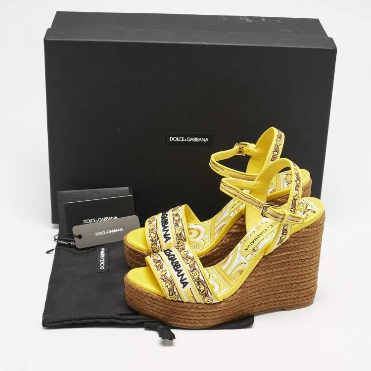Pre Owned Dolce & Gabbana Yellow Embroidered Canvas Majolica Wedge Sandals Size 38
