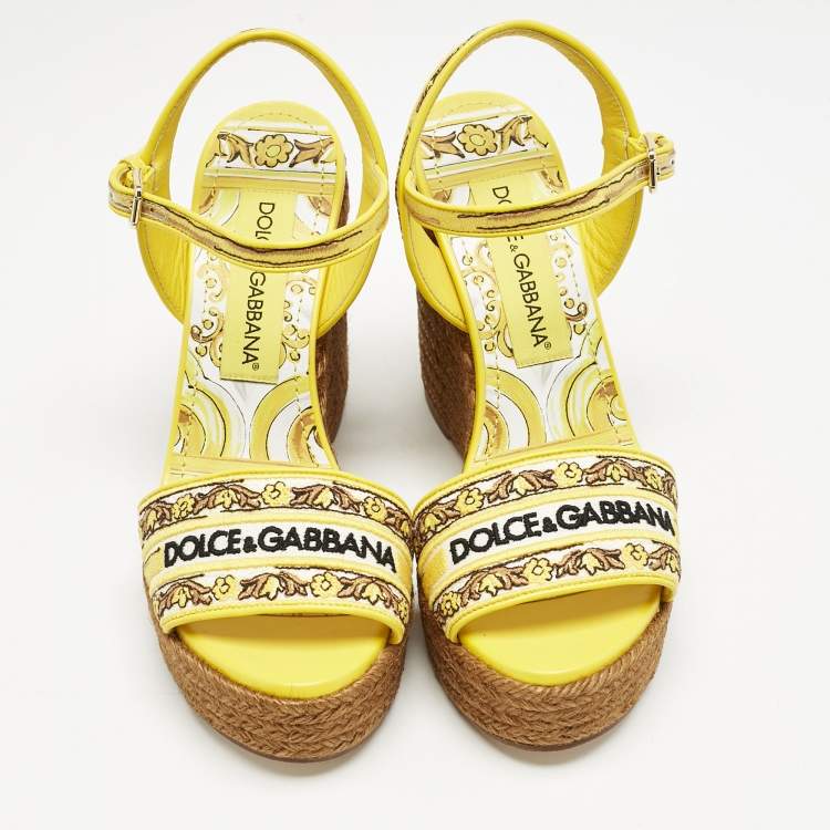 Pre Owned Dolce & Gabbana Yellow Embroidered Canvas Majolica Wedge Sandals Size 38