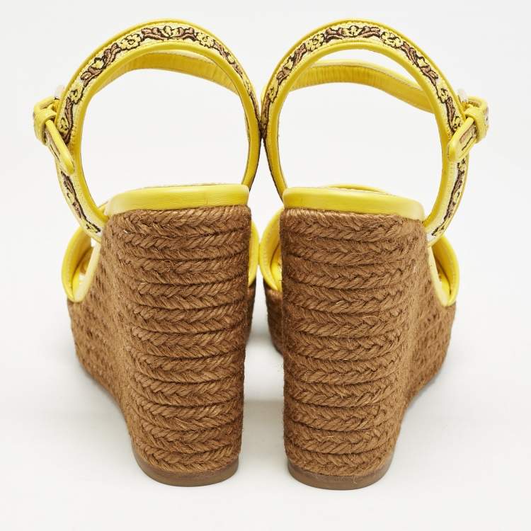 Pre Owned Dolce & Gabbana Yellow Embroidered Canvas Majolica Wedge Sandals Size 38