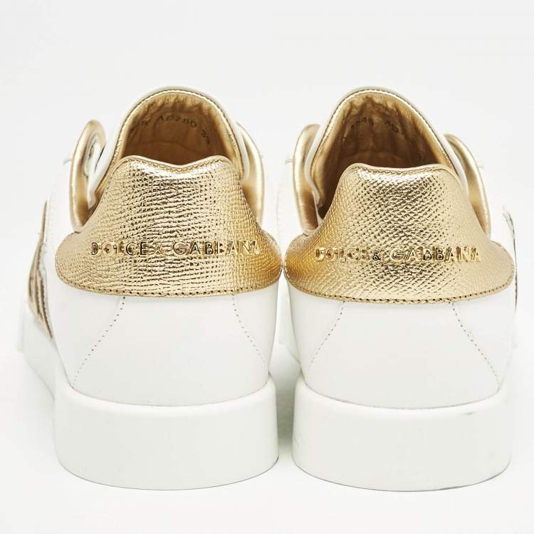 Pre Owned Dolce & Gabbana White/Gold Leather Portofino DG Logo Sneakers Size 39