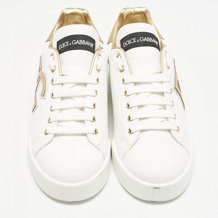Pre Owned Dolce & Gabbana White/Gold Leather Portofino DG Logo Sneakers Size 39